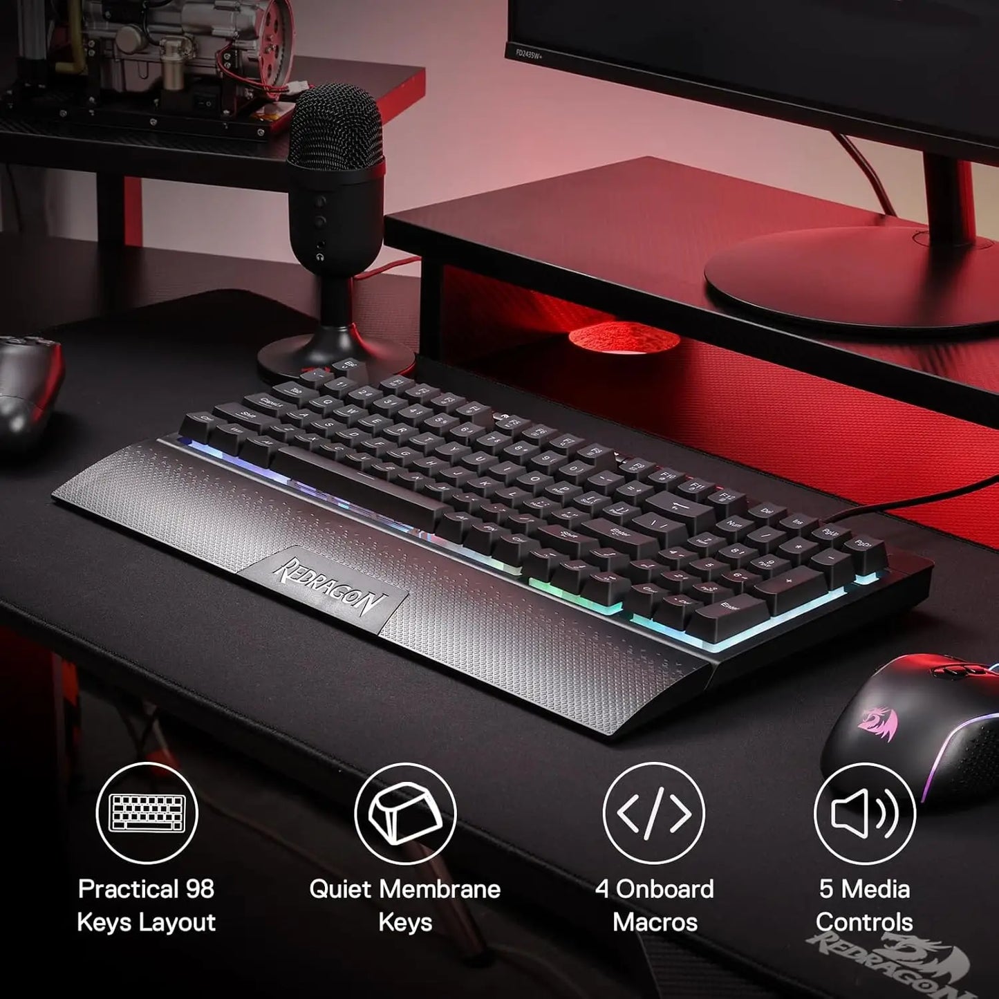 Redragon K515 Shiva RGB Gaming Keyboard – 98 Keys, Smooth Linear Switch, Detachable Wrist Rest