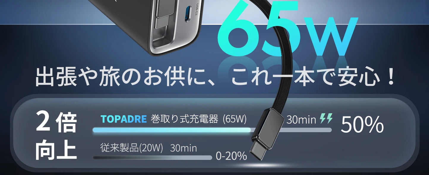 65W GaN 3-Port Travel Charger with Retractable USB-C Cable