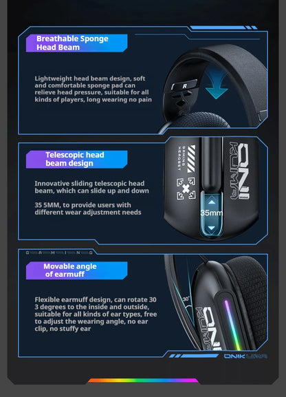 ONIKUMA GT808 Tri-mode Gaming Headset RGB Lighting 2.4G Wireless Gaming PC Wired Desktop with Headset   Ultra Long Life