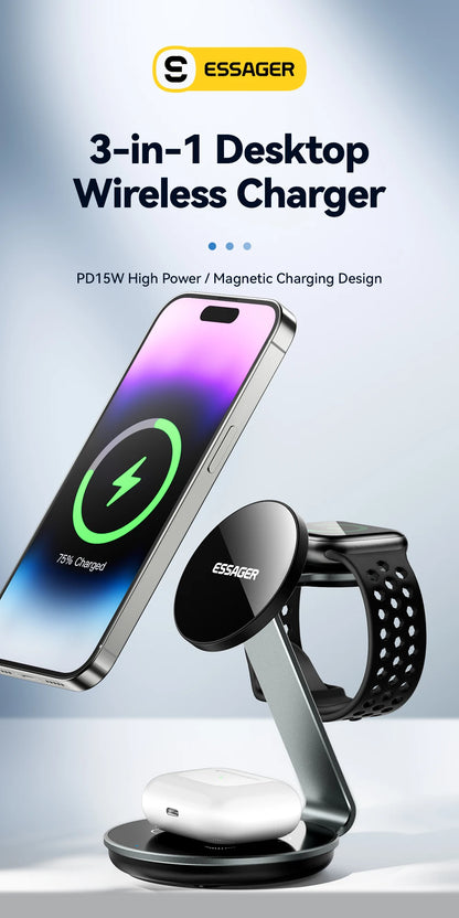 Essager 3-in-1 Magnetic Wireless Charging Stand – iPhone, Watch & AirPods