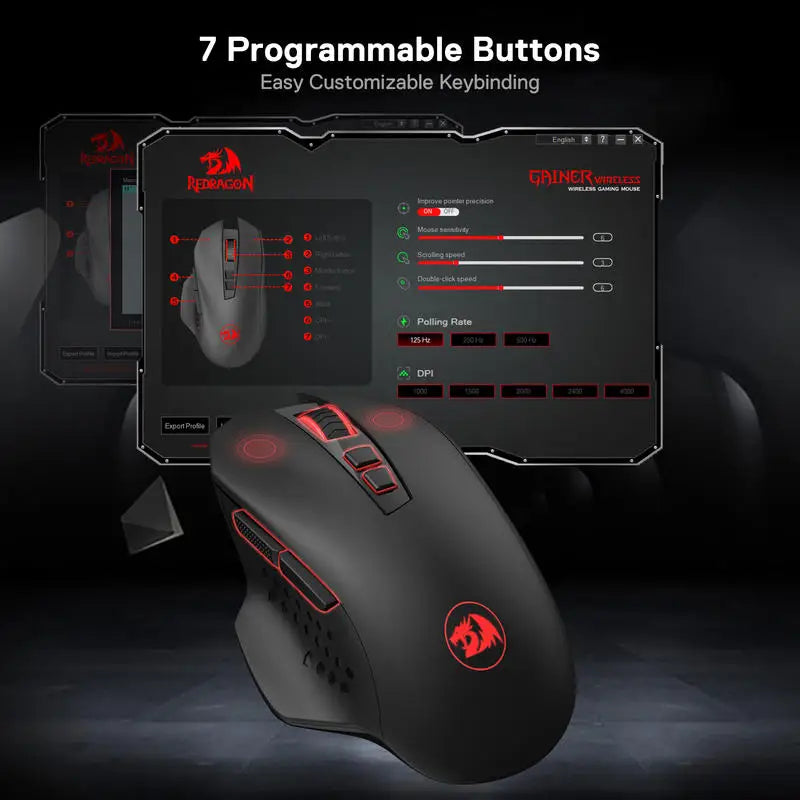 Redragon M656 Gainer Wireless Gaming Mouse – 4000 DPI, 2.4GHz, 7 Macro Buttons, Red LED