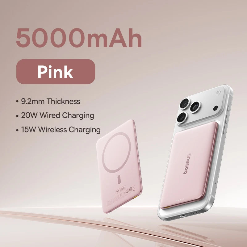 Baseus 5000mAh Magnetic Power Bank – 15W Wireless, 20W Wired, Card-Slim, MagSafe Compatible