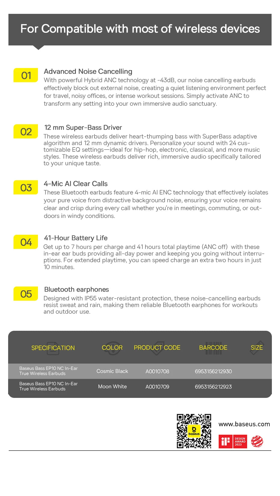Baseus Bass EP10 ANC Earbuds – -43dB Noise Cancelling, Bluetooth 6.0, 41Hr Battery, 4-Mic ENC