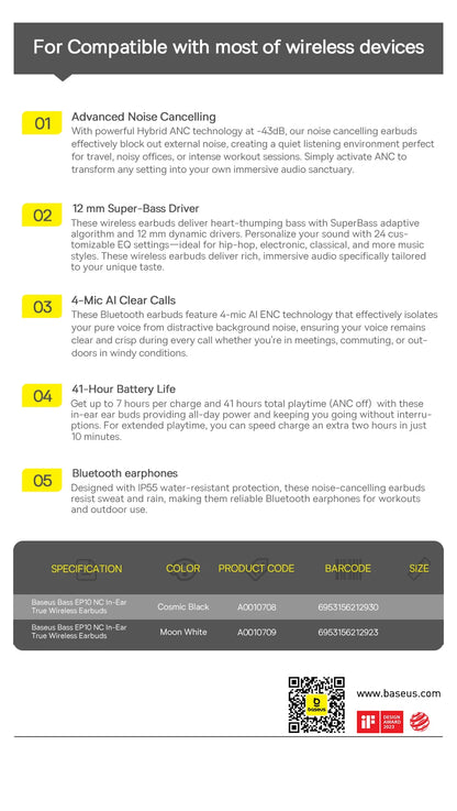 Baseus Bass EP10 ANC Earbuds – -43dB Noise Cancelling, Bluetooth 6.0, 41Hr Battery, 4-Mic ENC