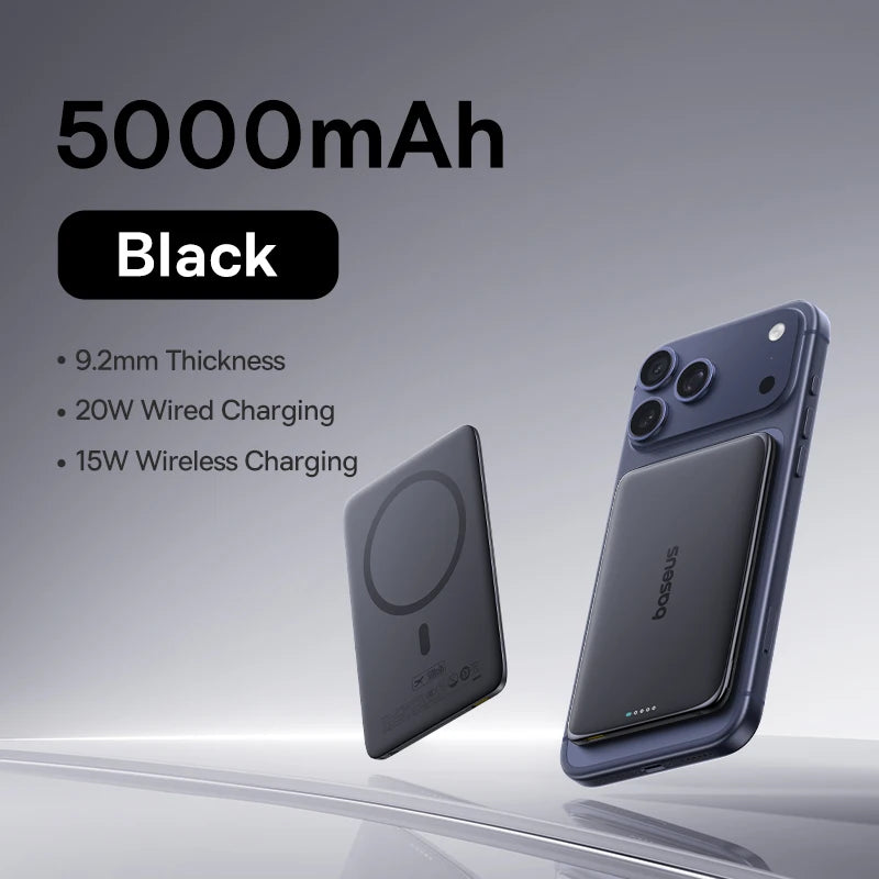 Baseus 5000mAh Magnetic Power Bank – 15W Wireless, 20W Wired, Card-Slim, MagSafe Compatible
