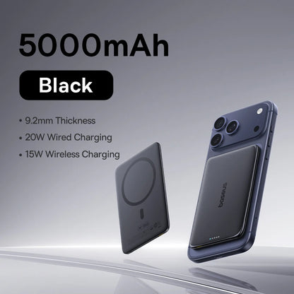 Baseus 5000mAh Magnetic Power Bank – 15W Wireless, 20W Wired, Card-Slim, MagSafe Compatible