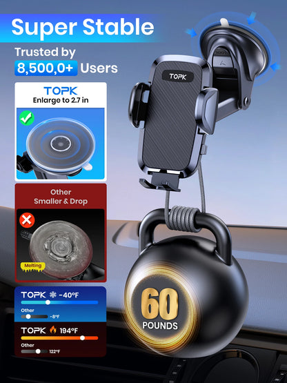 TOPK 4-in-1 Car Phone Holder – Dashboard, Windscreen & Air Vent Mount, Universal Fit