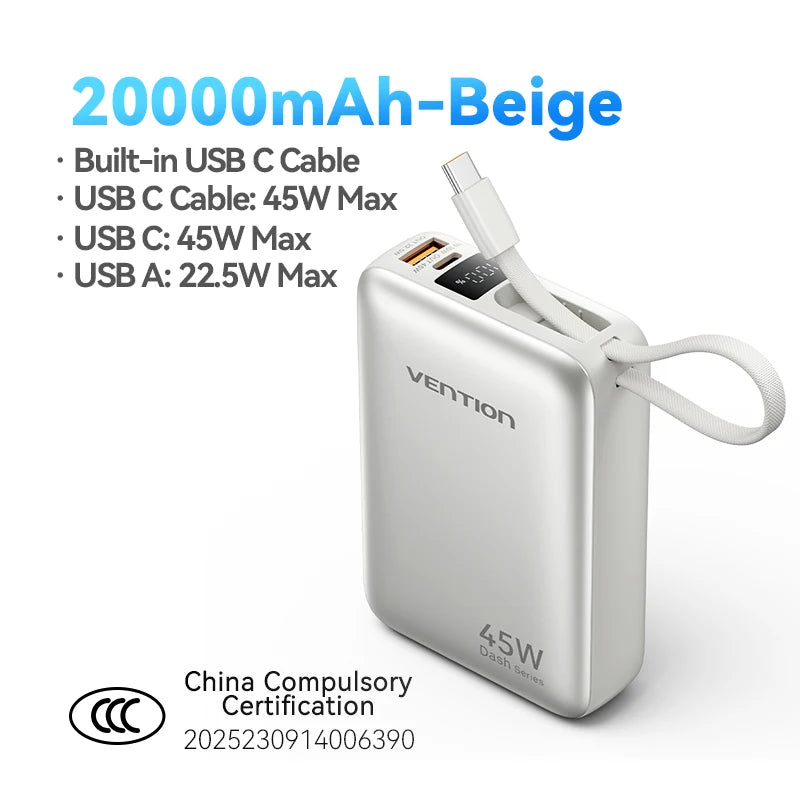 Vention 20000mAh Power Bank – 45W Fast Charging