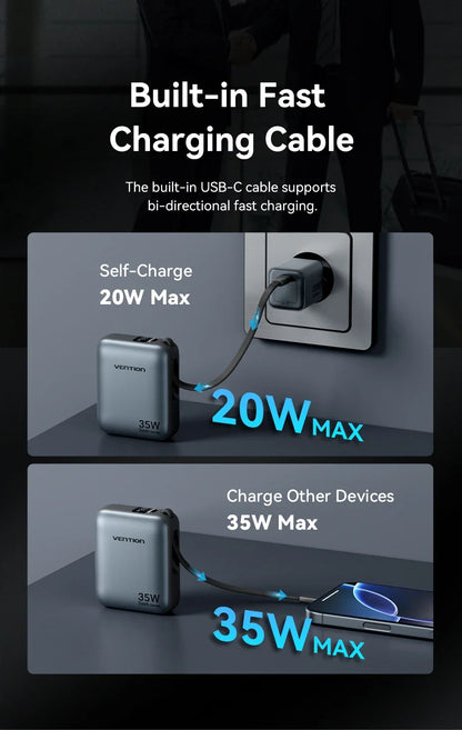 Vention 10000mAh Power Bank 35W – 3C Fast Charge, Built-In Cable, Digital Display, Beige / Gray