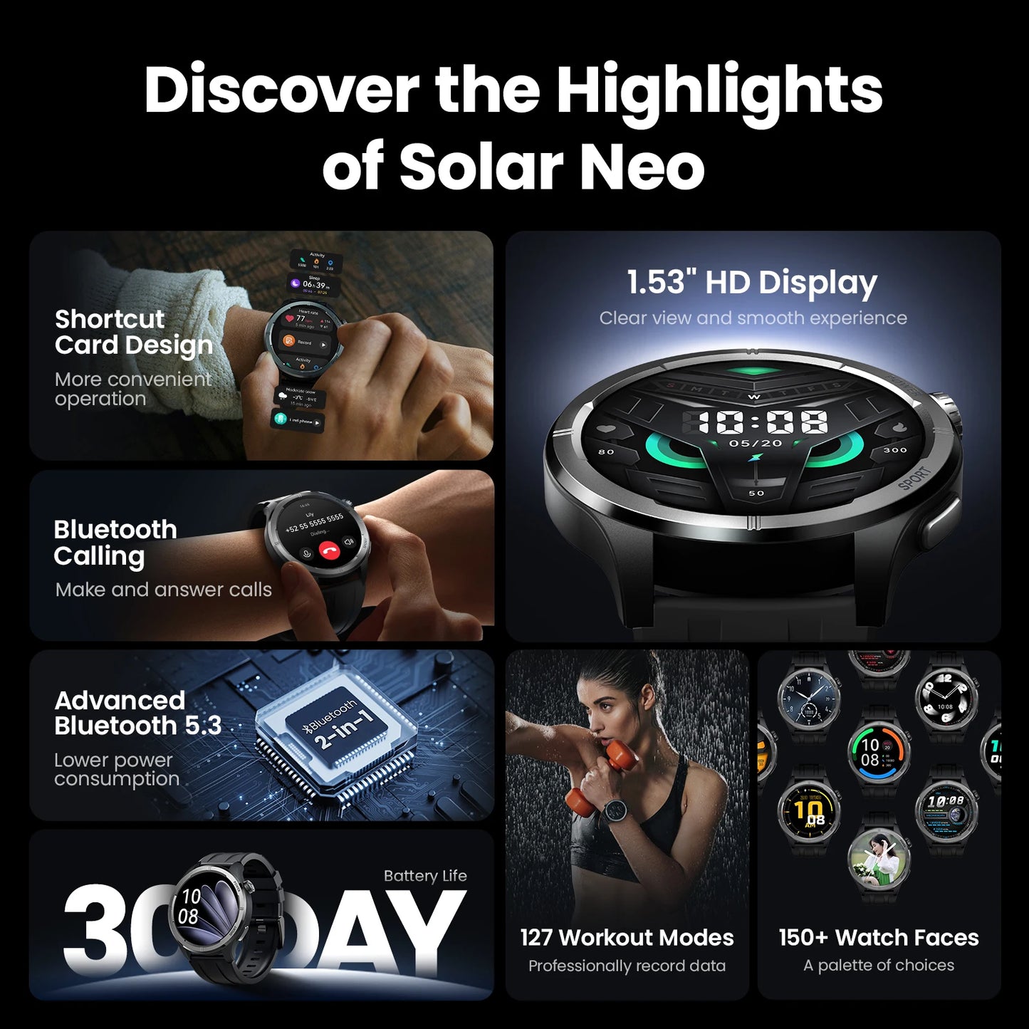 HAYLOU Solar Neo Smartwatch – 1.53" HD Display, 24H Health Monitoring, Bluetooth Calling
