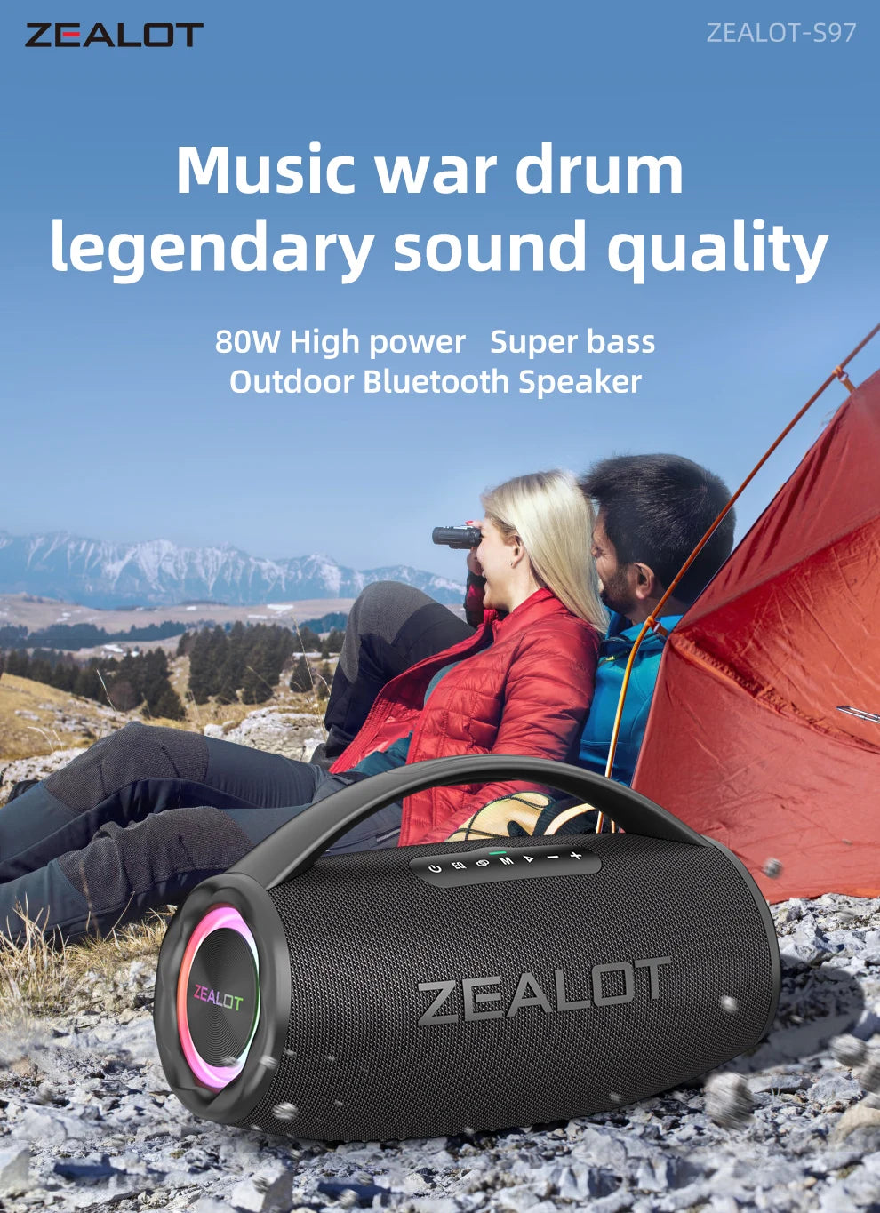 ZEALOT S97 80W Portable Bluetooth Speaker – RGB Lights, Waterproof, 360° Stereo, TWS