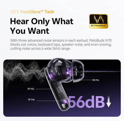 QCY MeloBuds N70 Wireless Earbuds – Adaptive ANC, LDAC Hi-Res, 50H Battery