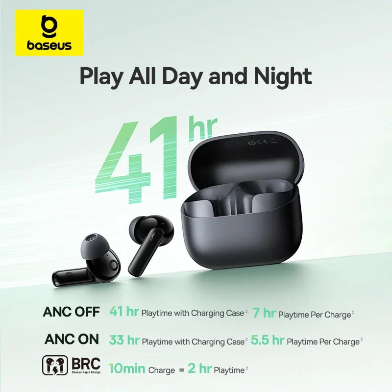 Baseus Bass EP10 ANC Earbuds – -43dB Noise Cancelling, Bluetooth 6.0, 41Hr Battery, 4-Mic ENC