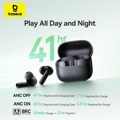 Baseus Bass EP10 ANC Earbuds – -43dB Noise Cancelling, Bluetooth 6.0, 41Hr Battery, 4-Mic ENC