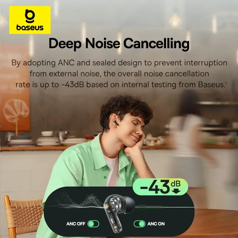Baseus Bass EP10 ANC Earbuds – -43dB Noise Cancelling, Bluetooth 6.0, 41Hr Battery, 4-Mic ENC