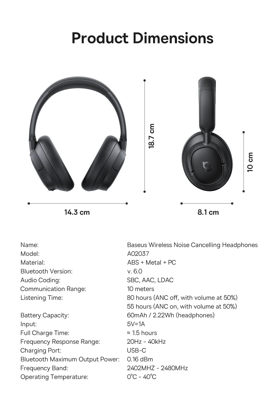 Baseus Bass EH10 NC ANC Headphones  -45dB Noise Cancelling, Bluetooth 6.0, 80Hr Battery, Spatial Audio