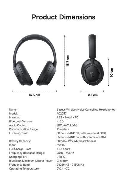 Baseus Bass EH10 NC ANC Headphones  -45dB Noise Cancelling, Bluetooth 6.0, 80Hr Battery, Spatial Audio