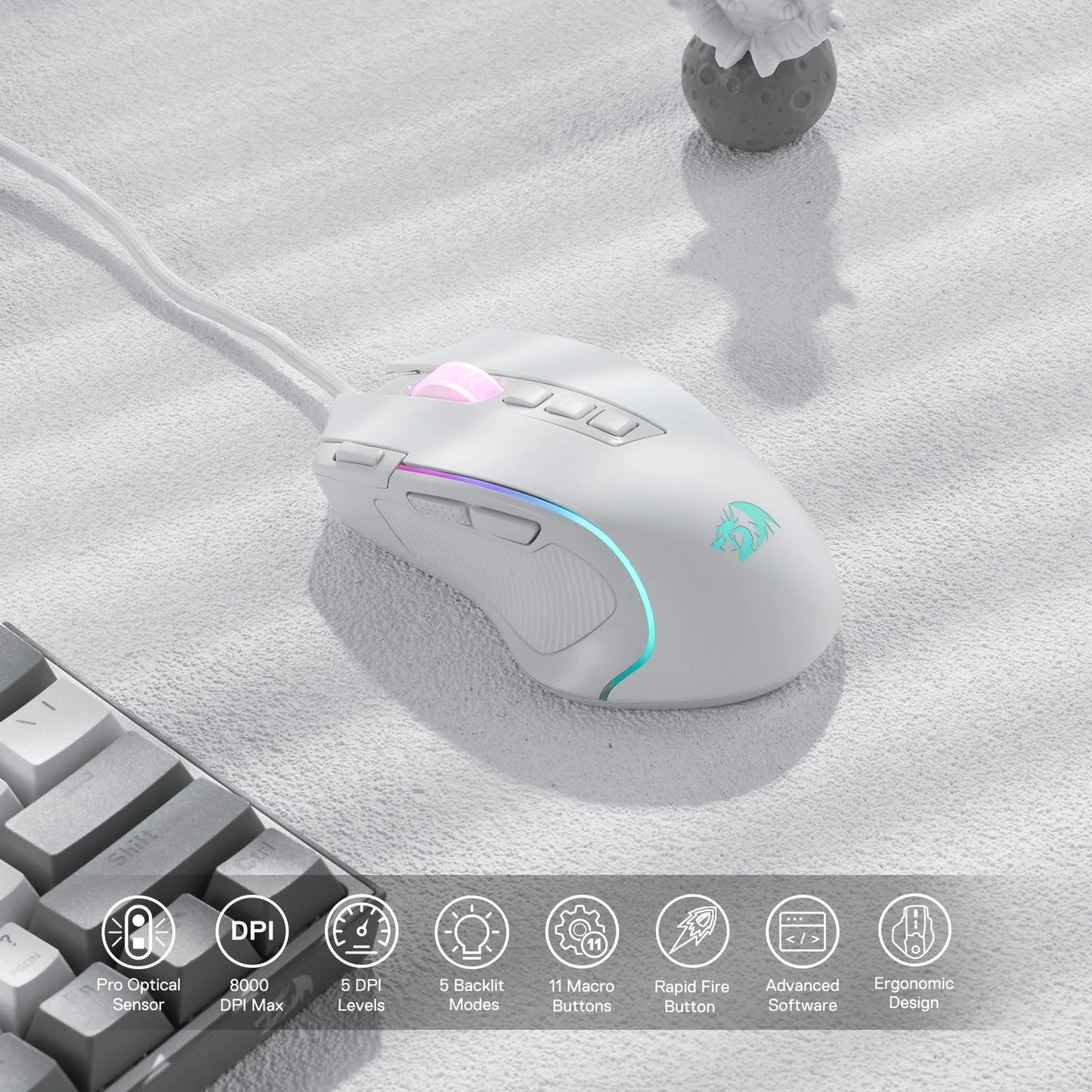 Redragon M612 Predator RGB Gaming Mouse – 8000 DPI, 11 Programmable Buttons, Wired, White