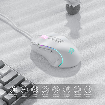 Redragon M612 Predator RGB Gaming Mouse – 8000 DPI, 11 Programmable Buttons, Wired, White