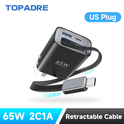65W GaN 3-Port Travel Charger with Retractable USB-C Cable