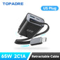 65W GaN 3-Port Travel Charger with Retractable USB-C Cable