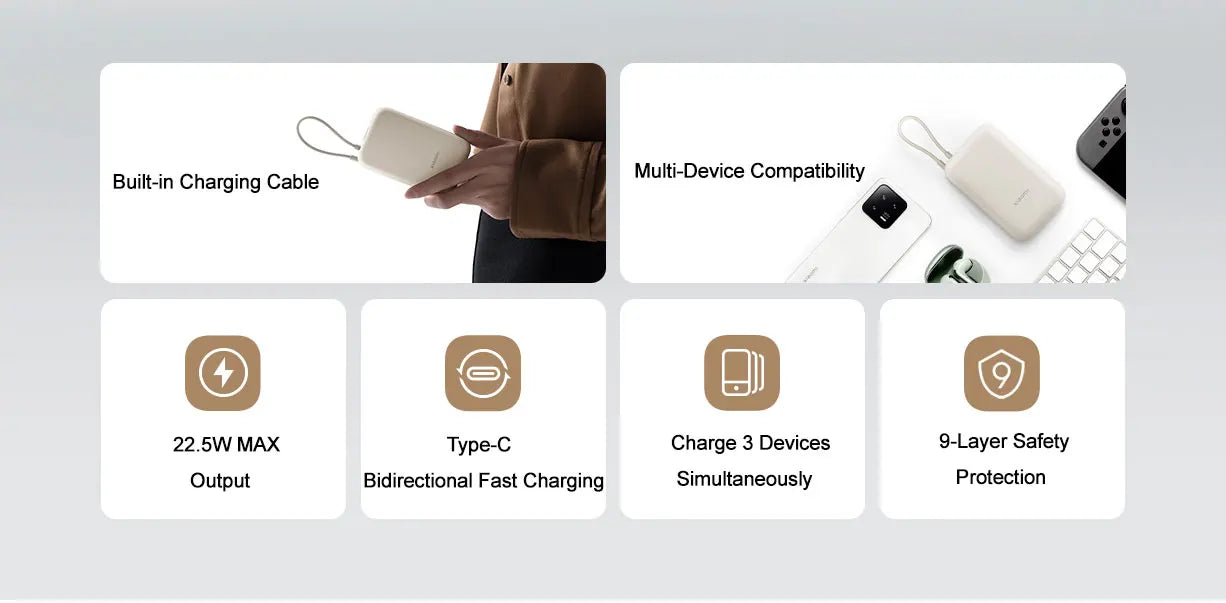 Xiaomi 10000mAh Pocket Power Bank – 22.5W Fast Charge, Built-In USB-C Cable, Triple Output