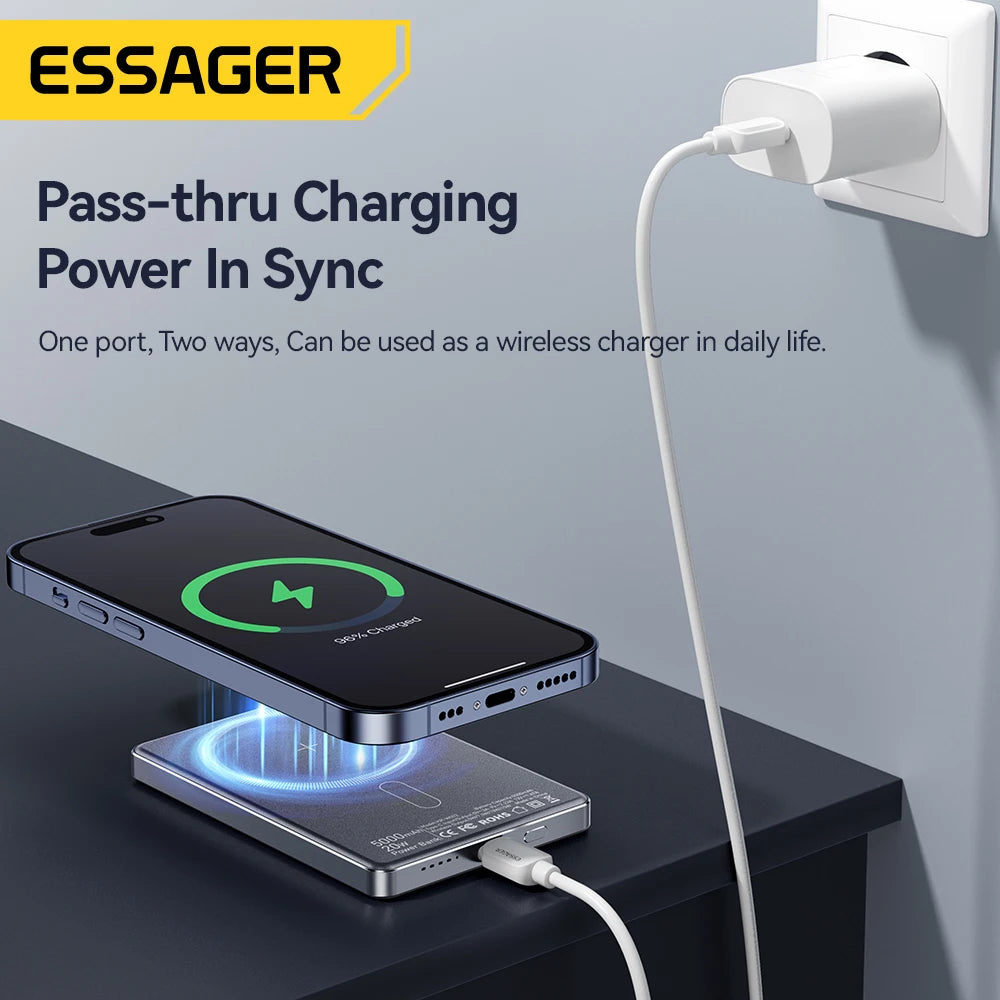 Essager Slim Magnetic Power Bank — 5000mAh, 20W Wireless, MagSafe iPhone 14–17