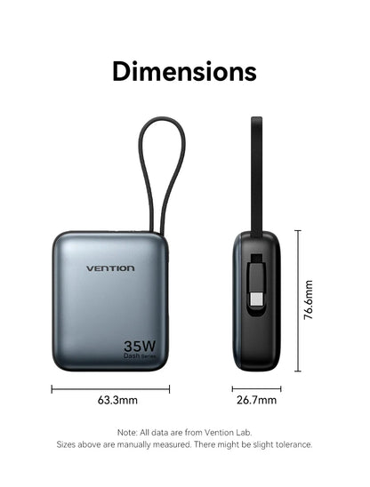 Vention 10000mAh Power Bank 35W – 3C Fast Charge, Built-In Cable, Digital Display, Beige / Gray