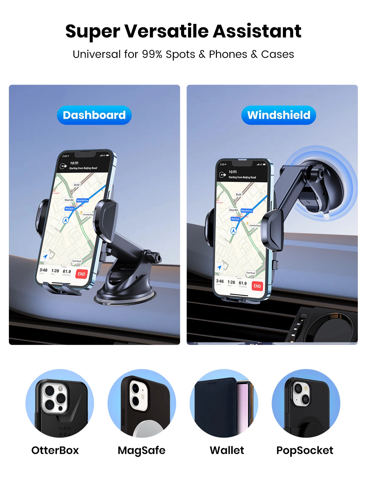 TOPK 4-in-1 Car Phone Holder – Dashboard, Windscreen & Air Vent Mount, Universal Fit