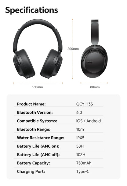 QCY ANC Wireless Headphone H3S 56dB Noise Canceling Hi-Res 3D Spatial Audio Earphone with LDAC Bluetooth 6.0 Over Ear Headset