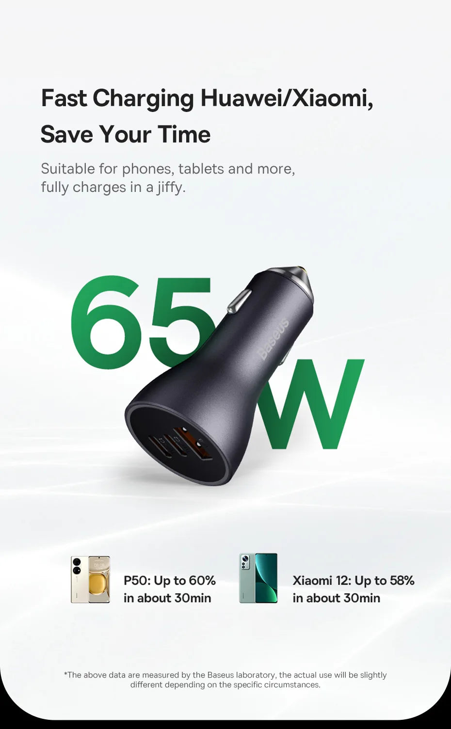 Baseus 65W Car Charger — 3-Port USB-C & USB-A, Fast Charging