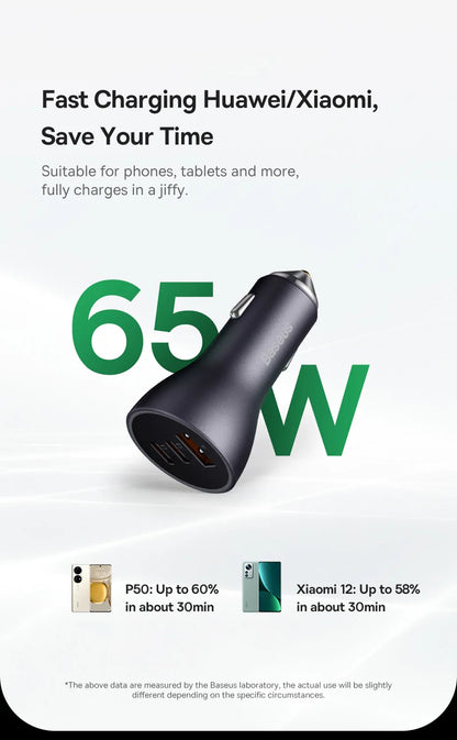 Baseus 65W Car Charger — 3-Port USB-C & USB-A, Fast Charging