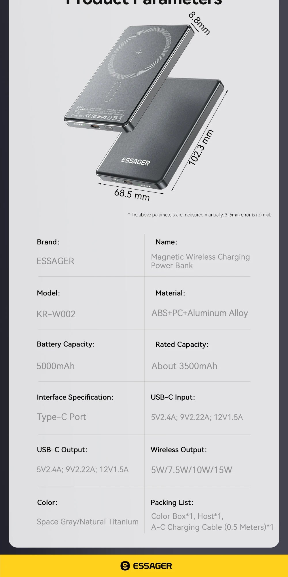 Essager Slim Magnetic Power Bank — 5000mAh, 20W Wireless, MagSafe iPhone 14–17