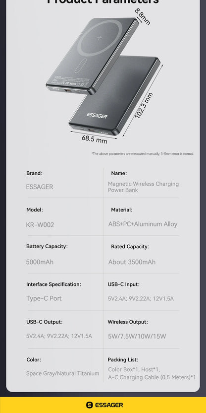 Essager Slim Magnetic Power Bank — 5000mAh, 20W Wireless, MagSafe iPhone 14–17