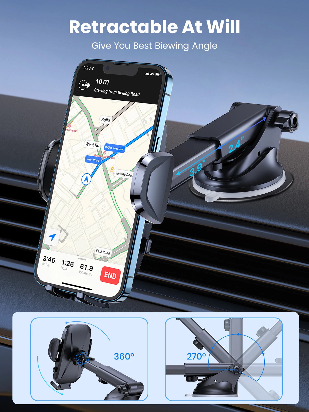 TOPK 4-in-1 Car Phone Holder – Dashboard, Windscreen & Air Vent Mount, Universal Fit