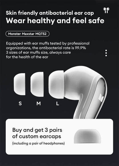 Monster MQT52 Wireless Earphones – Bluetooth 5.4 | 24Hr Battery | Gaming Mode