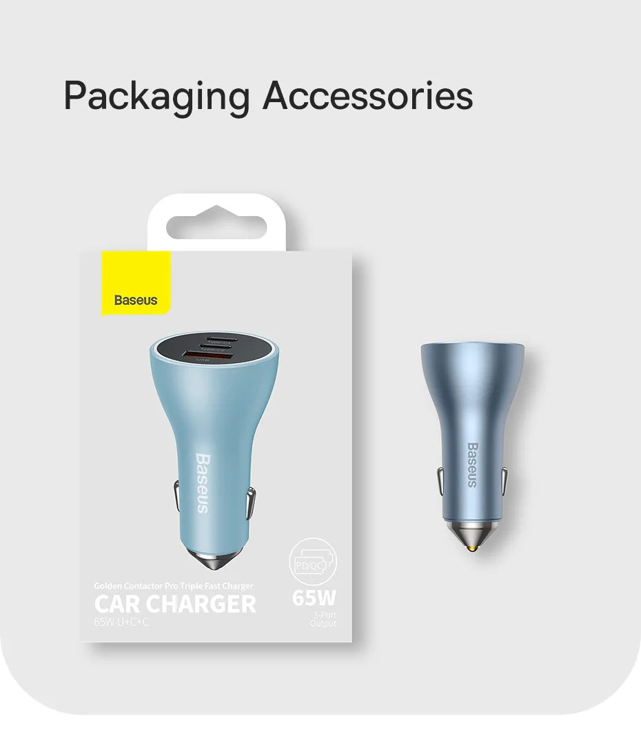 Baseus 65W Car Charger — 3-Port USB-C & USB-A, Fast Charging
