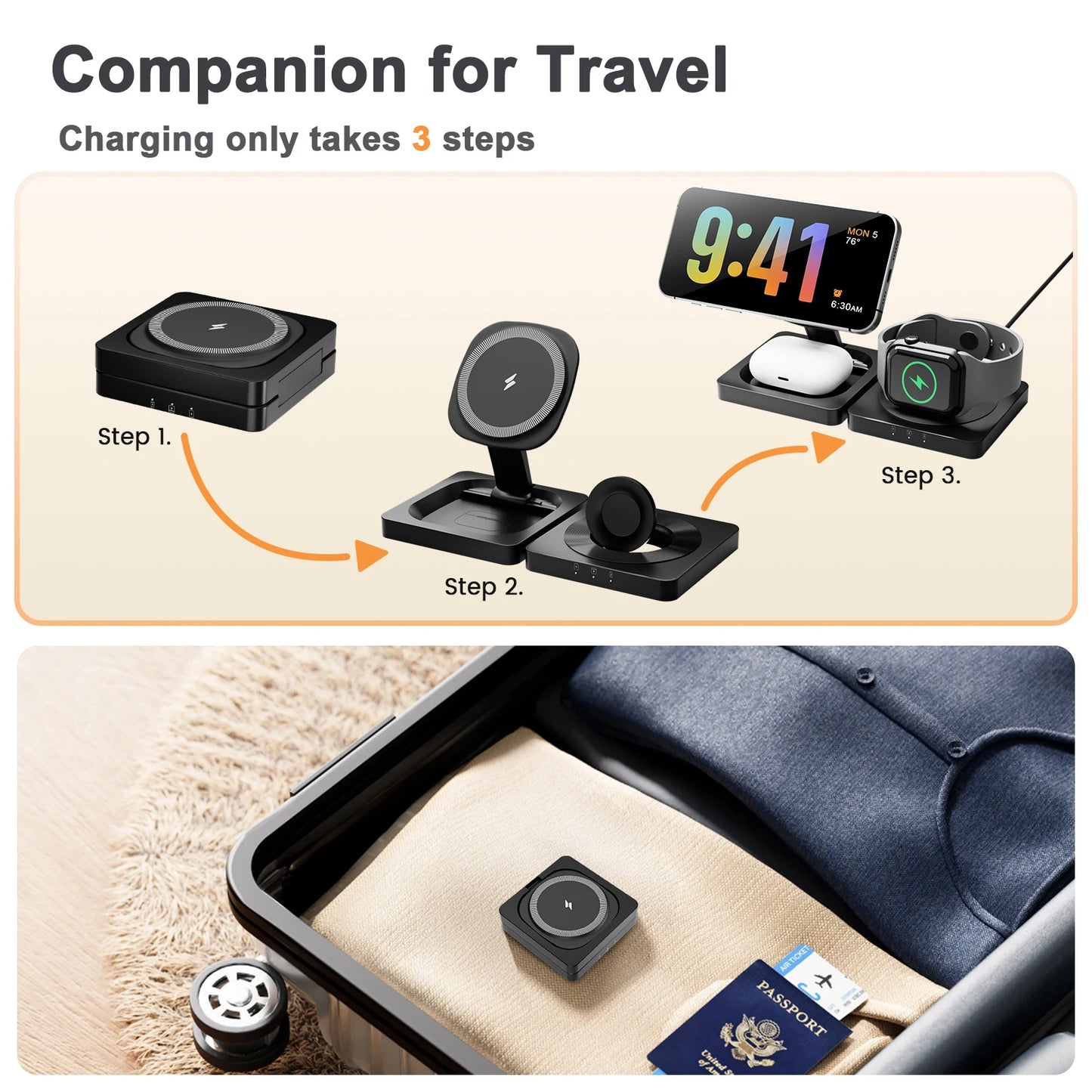 3-in-1 Foldable Magnetic Wireless Charging Station – Travel Ready