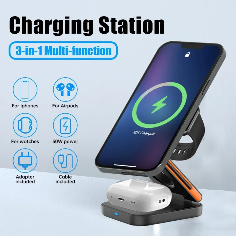 3-in-1 Foldable Magnetic Wireless Charging Station – iPhone, Watch & AirPods