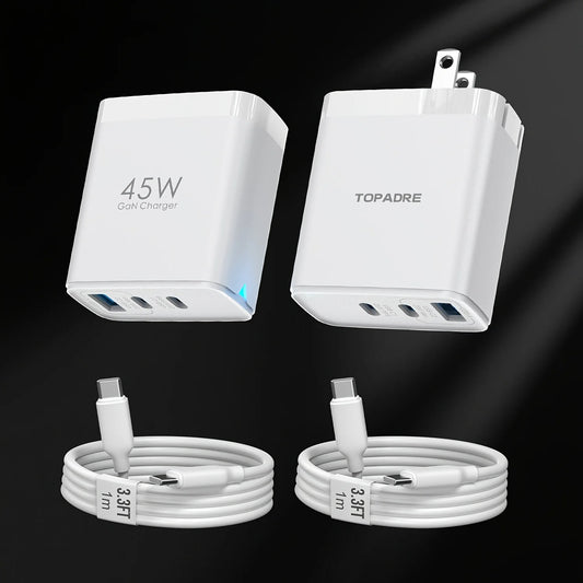45W 3-Port GaN Wall Charger – USB-C & USB-A (2-Pack)