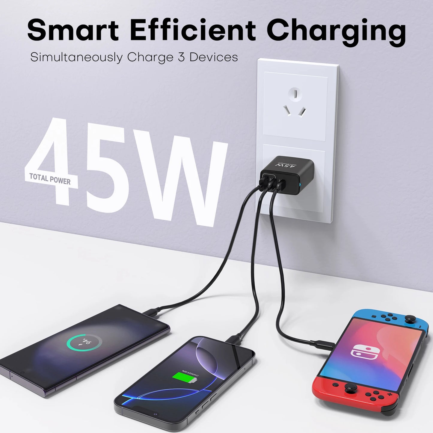 45W 3-Port GaN Wall Charger – USB-C & USB-A (2-Pack)