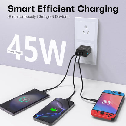 45W 3-Port GaN Wall Charger – USB-C & USB-A (2-Pack)