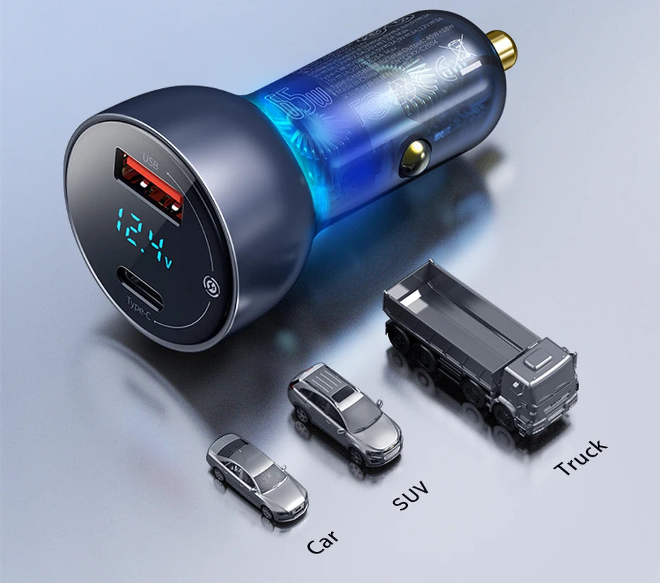 Baseus 65W PD Car Charger – QC 4.0 + QC 3.0, USB-C + USB-A, LED Display, Fast Charge