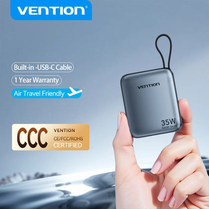 Vention 10000mAh Power Bank 35W – 3C Fast Charge, Built-In Cable, Digital Display, Beige / Gray