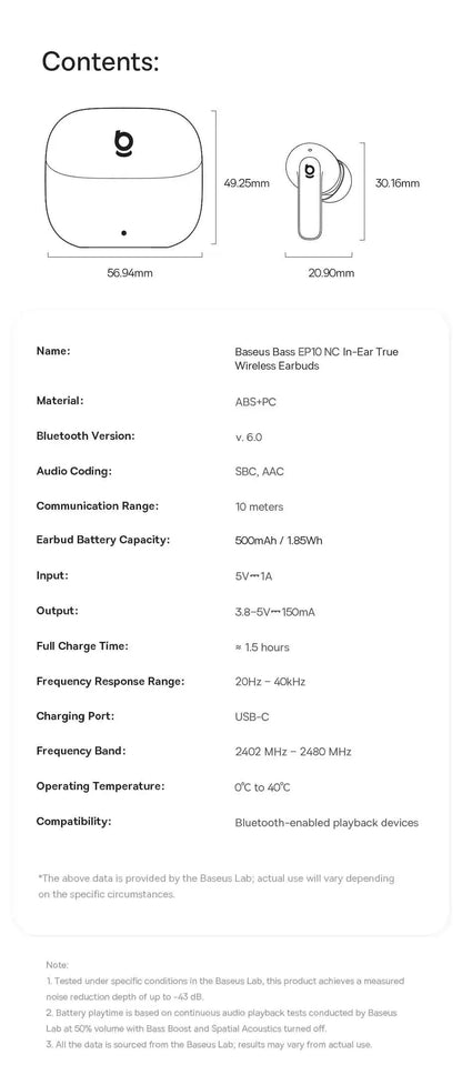 Baseus Bass EP10 ANC Earbuds – -43dB Noise Cancelling, Bluetooth 6.0, 41Hr Battery, 4-Mic ENC