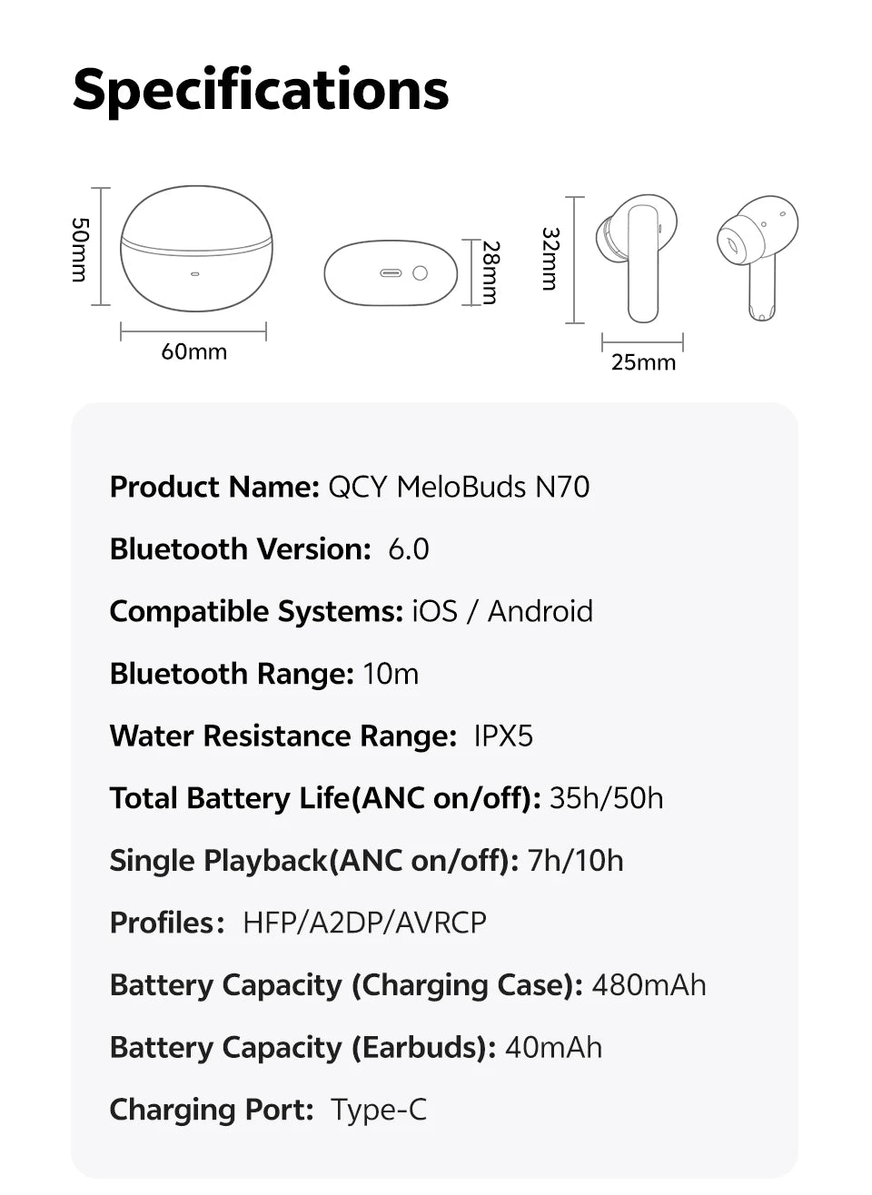 QCY MeloBuds N70 Wireless Earbuds – Adaptive ANC, LDAC Hi-Res, 50H Battery