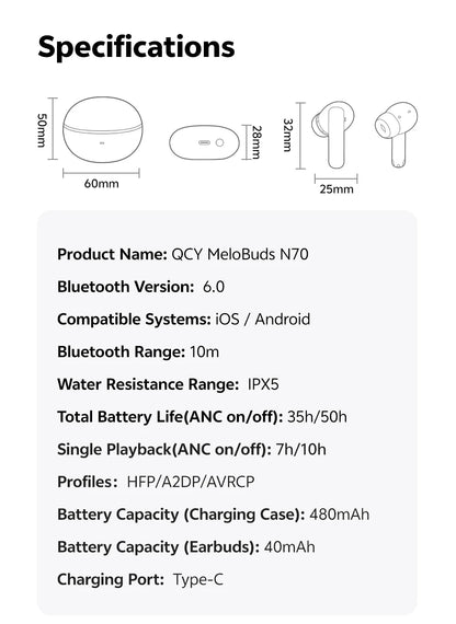 QCY MeloBuds N70 Wireless Earbuds – Adaptive ANC, LDAC Hi-Res, 50H Battery
