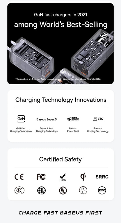Baseus 65W Car Charger — 3-Port USB-C & USB-A, Fast Charging