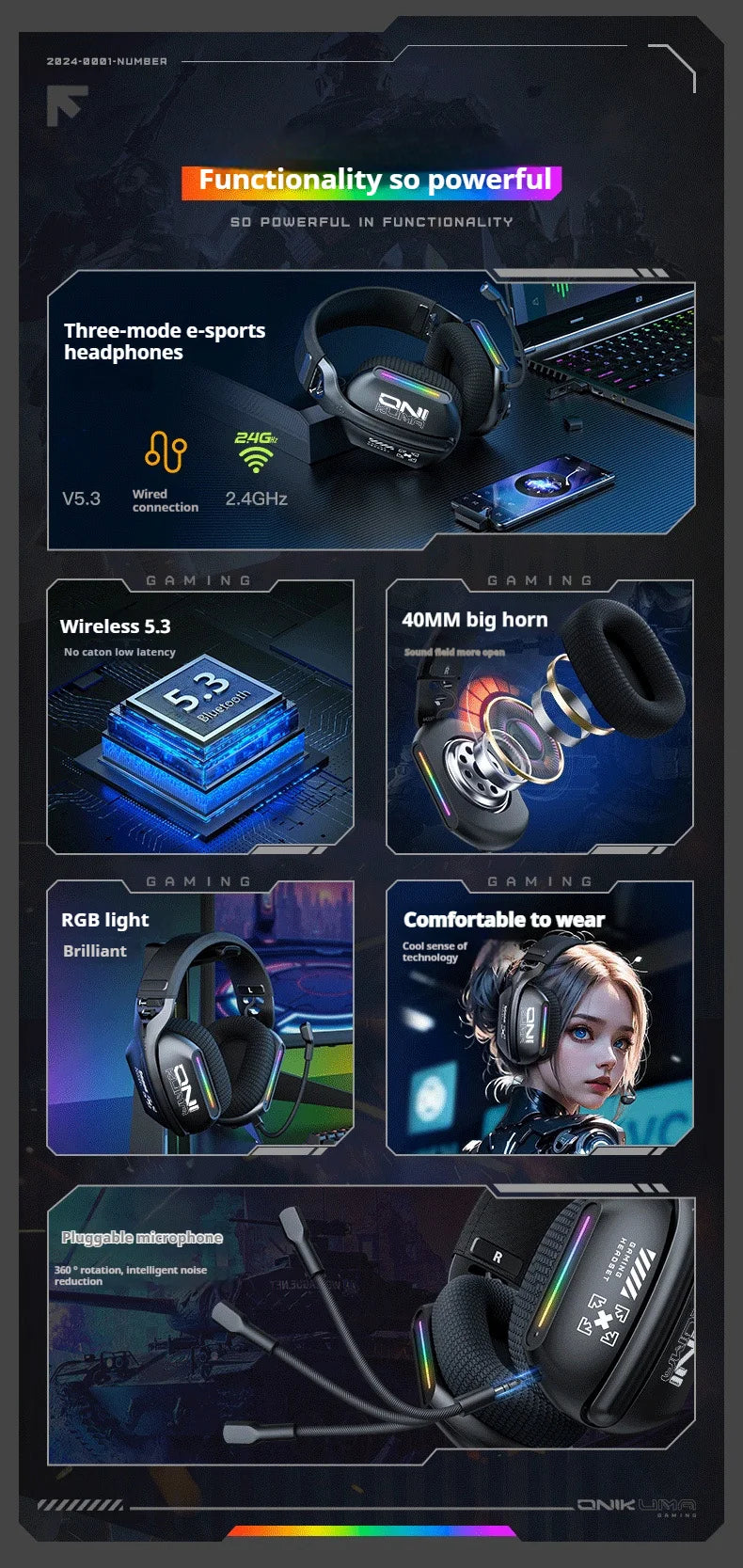 ONIKUMA GT808 Tri-mode Gaming Headset RGB Lighting 2.4G Wireless Gaming PC Wired Desktop with Headset   Ultra Long Life