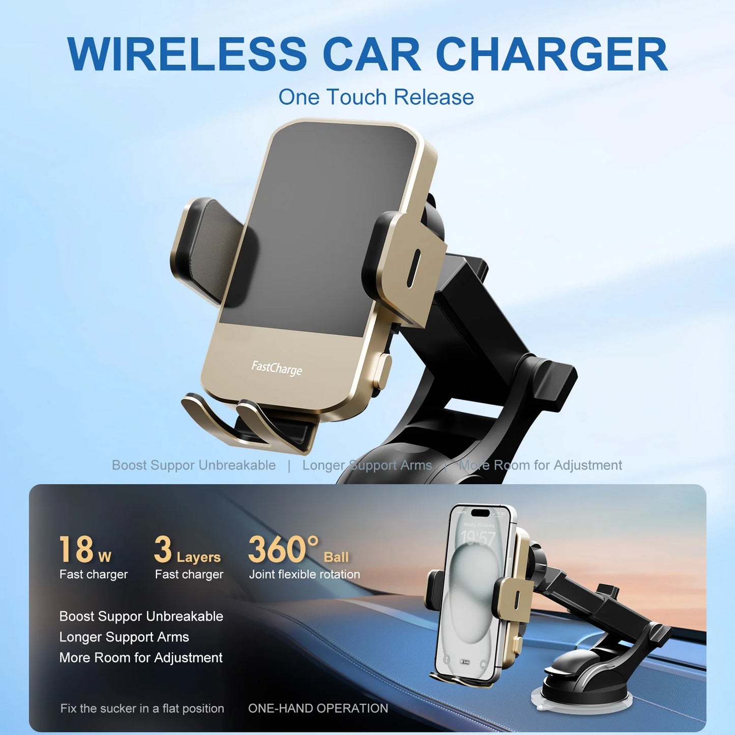 15W Wireless Car Charger & Phone Holder Mount